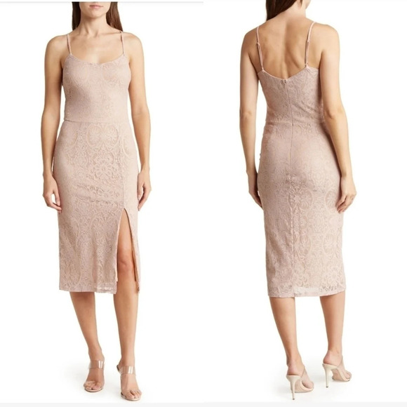 *NWT* Dress the Population Zahra Lace Slit Midi Dress - Picture 1 of 6